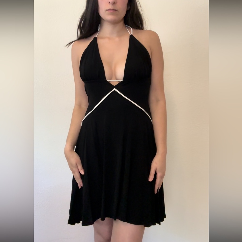 Julian Chang Black Plunge Dress with White Details